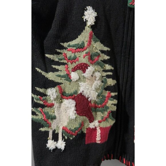 Tiara Int. Women ugly Christmas kitty cat Sweater Black Full Zip VTG sz M - Picture 3 of 16